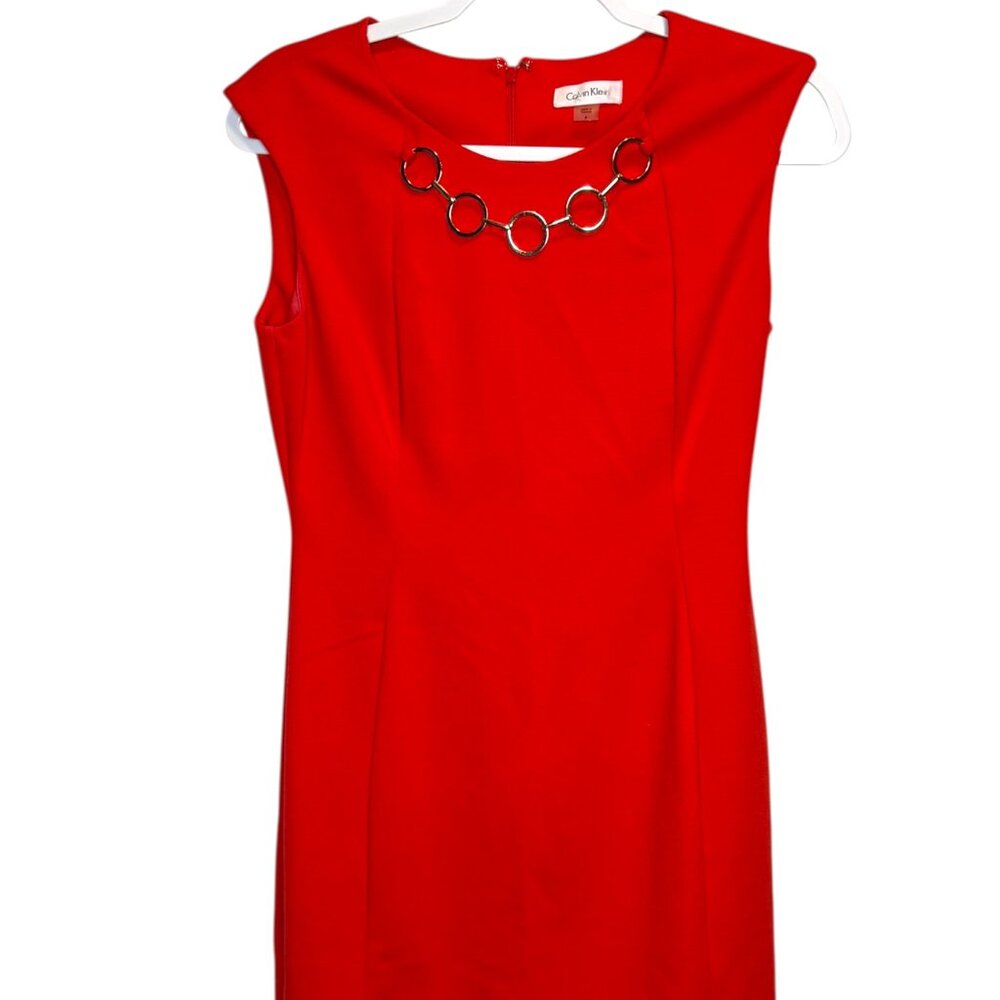 Calvin Klein Women's Red Sleeveless Sheath Dress with Gold Chain Accent, Size 6